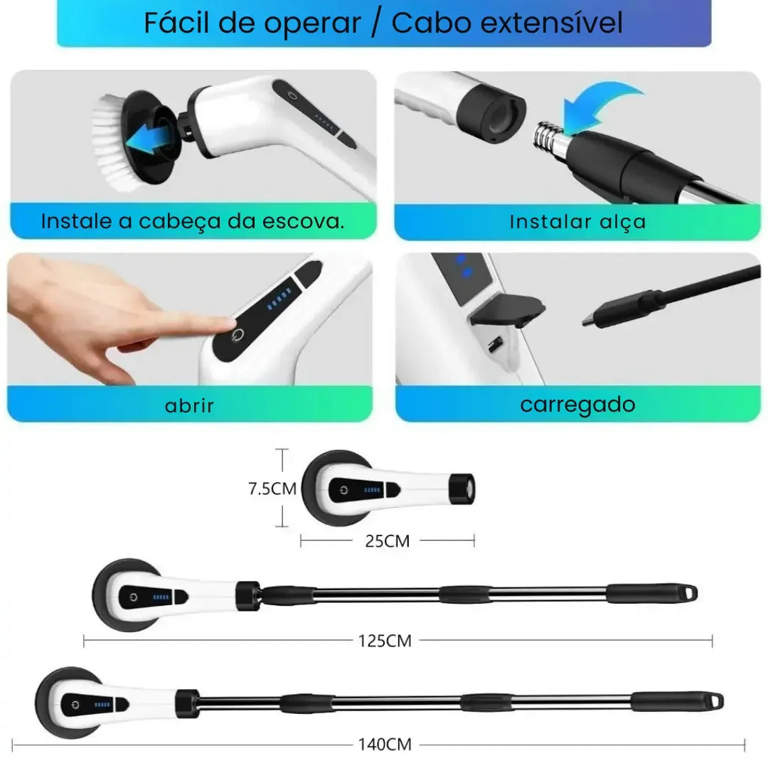 Escova Elétrica de Limpeza 9 em 1 com Cabo Extensor USB-C